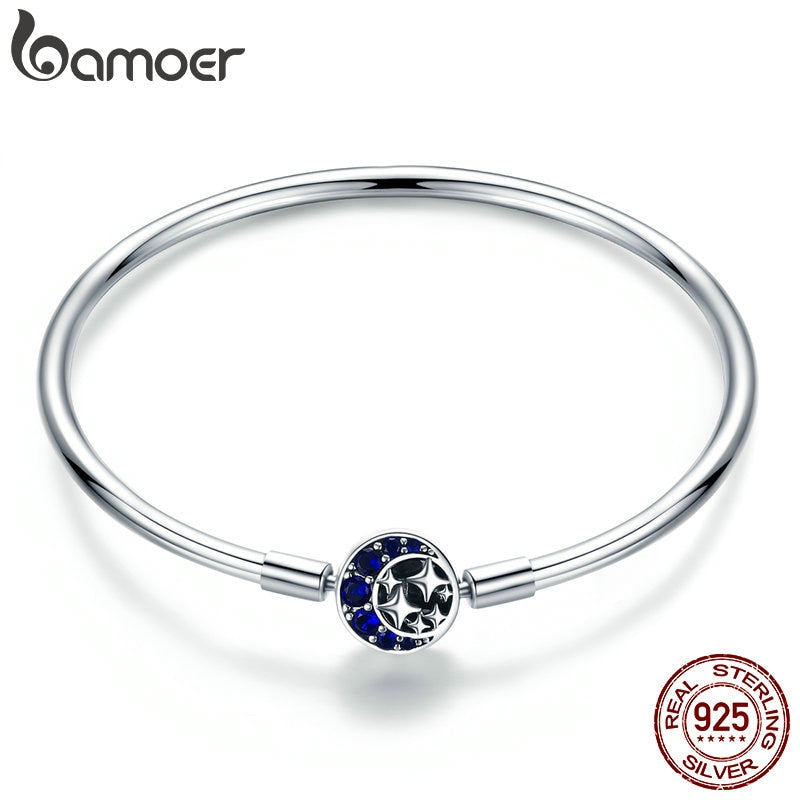 BAMOER Genuine 100% 925 Sterling Silver Blue CZ Moon and Star